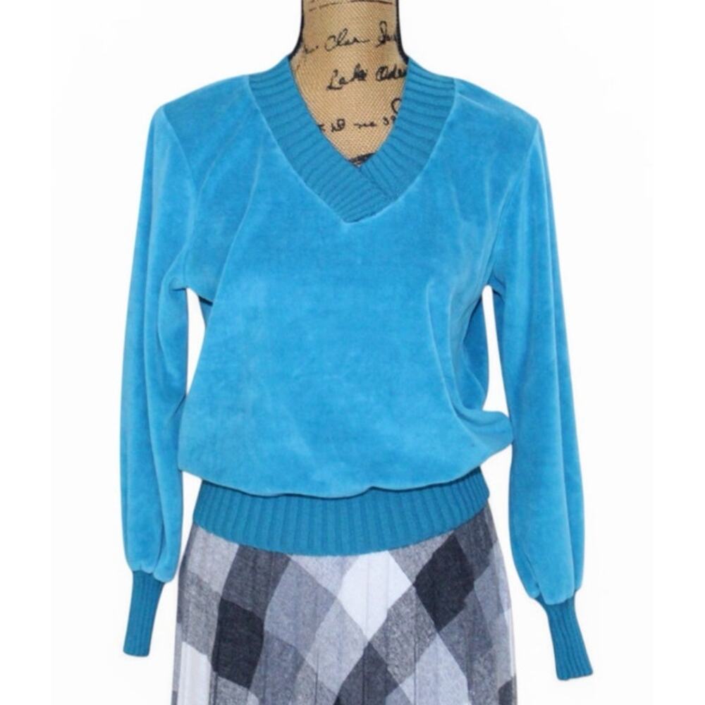 Vintage 60s 70s Sears Teal Velour V-Neck Long Sleeve Shirt Women’s S